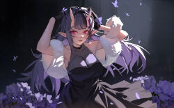 Rule 34 | 1girl, absurdres, bare shoulders, black dress, black gloves, breasts, bug, butterfly, cleavage, dress, flower, gloves, hairband, highres, horns, insect, large breasts, long hair, nijisanji, oni, purple butterfly, purple flower, purple hair, red eyes, rindou mikoto, rindou mikoto (4th costume), rosehip t72, skin-covered horns, sleeveless, sleeveless dress, solo, upper body
