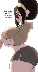 Rule 34 | 1boy, 1girl, ass, assertive female, avatar: the last airbender, avatar legends, black hair, blush, breasts, english text, grabbing, grabbing another&#039;s breast, grabbing another's breast, guided breast grab, guiding hand, highres, hood, hoodie, huge ass, huge breasts, noblood (ryandomonica), parted lips, short shorts, shorts, thick thighs, thighs, toph bei fong, white background