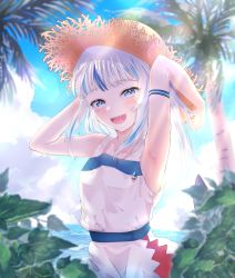 Rule 34 | 1girl, :d, absurdres, armpits, arms behind head, arms up, blue eyes, blue hair, blue sky, cloud, commentary, day, dress, english commentary, gawr gura, hat, highres, hololive, hololive english, looking at viewer, medium hair, multicolored hair, ocean, open mouth, outdoors, plant, sharp teeth, silver hair, sky, smile, solo, straw hat, streaked hair, sun hat, sundress, sunlight, teeth, tongue, upper teeth only, virtual youtuber, water, white dress