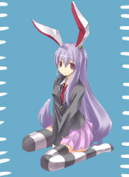 Rule 34 | 1girl, animal ears, blazer, female focus, jacket, long hair, looking at viewer, nabeshima tetsuhiro, necktie, purple hair, rabbit ears, red eyes, red necktie, reisen udongein inaba, simple background, skirt, smile, solo, striped clothes, striped thighhighs, thighhighs, touhou, v arms, zettai ryouiki