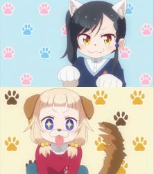 Rule 34 | 2girls, :3, animal ears, animal hands, animalization, animated, animated gif, black hair, blonde hair, blue eyes, braid, cat ears, cat girl, dog ears, dog tail, fang, female focus, hair ornament, low twintails, multiple girls, narumi tsubame, new game!, paw print, sakura nene, side ponytail, star-shaped pupils, star (symbol), symbol-shaped pupils, tail, tongue, tongue out, twintails, yellow eyes