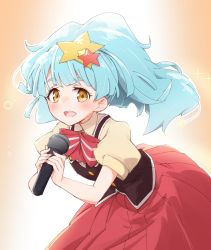 Rule 34 | 1girl, :d, araco, black vest, blue hair, blush, bow, bowtie, collared shirt, commentary request, hair ornament, highres, holding, holding microphone, hoshikawa lily, leaning forward, looking at viewer, microphone, open mouth, orange eyes, outline, pleated skirt, ponytail, red bow, red bowtie, red skirt, shirt, short sleeves, skirt, smile, solo, star (symbol), star hair ornament, striped bow, striped bowtie, striped clothes, striped neckwear, vest, white outline, yellow shirt, zombie land saga