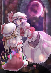 Rule 34 | 2girls, arch, ascot, bat wings, blonde hair, blouse, boots, bow, crying, female focus, flandre scarlet, frills, full moon, hands on another&#039;s face, haru ion, hat, hat ribbon, highres, kneehighs, light particles, light purple hair, mob cap, moon, multiple girls, puffy short sleeves, puffy sleeves, red eyes, red moon, remilia scarlet, ribbon, sash, shadow, shirt, short hair, short sleeves, side ponytail, sitting, skirt, socks, stone floor, stone wall, streaming tears, tears, touhou, tower, wall, wariza, wavy mouth, wings, wrist cuffs