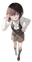 Rule 34 | 1other, adjusting eyewear, ascot, black eyes, brown footwear, brown hair, brown shorts, commentary request, fay (jinrou judgment), glasses, hand on own hip, highres, jinrou judgment, kneehighs, open mouth, piyopoyo, round eyewear, shirt, short hair, shorts, socks, solo, waistcoat, white ascot, white shirt