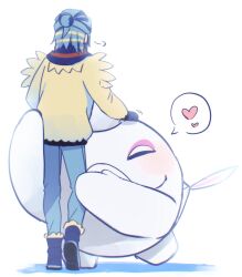 Rule 34 | 1boy, affectionate, blue footwear, blue hair, blue pants, blue scarf, boots, cetoddle, commentary request, creatures (company), game freak, grusha (pokemon), hair bun, heart, highres, jacket, long sleeves, male focus, mittens, mocacoffee 1001, nintendo, pants, pokemon, pokemon (creature), pokemon sv, scarf, spoken heart, standing, striped clothes, striped scarf, white background, yellow jacket