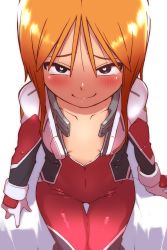 Rule 34 | 1girl, absurdres, blue eyes, blush, collarbone, covered navel, from above, gundam, gundam zz, hair between eyes, happy, heart, heart-shaped pupils, highres, looking at viewer, no bra, onimaru (onimal7802), open clothes, orange hair, pilot suit, puru two, sidelocks, sitting, smile, solo, symbol-shaped pupils