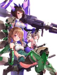 Rule 34 | alice gear aegis, bare shoulders, black thighhighs, blush, breasts, brown eyes, brown hair, cannon, cleavage, clothing cutout, covered collarbone, covered erect nipples, doyouwantto, elbow gloves, gloves, grey hair, gun, headgear, holding, holding gun, holding weapon, huge weapon, kimikage yui, large breasts, looking at viewer, mecha musume, mechanical legs, medium breasts, medium hair, murao mira, open mouth, purple eyes, rifle, science fiction, short hair, side cutout, simple background, smile, standing, suga itsuri, thighhighs, thighs, twintails, weapon, white background
