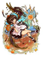 Rule 34 | 1girl, absurdres, bird wings, black ribbon, black skirt, black socks, breasts, brown footwear, brown hair, brown wings, calligraphy brush, camera, collared shirt, commentary request, film reel, flying, full body, geta, hat, hauchiwa, highres, inkwell, iwaserie, looking at viewer, medium breasts, notebook, open mouth, paintbrush, pen, pointy ears, pom pom (clothes), purple eyes, quill, red hat, ribbon, shameimaru aya, shirt, shoes, short hair, short sleeves, skirt, smile, socks, solo, tengu-geta, tokin hat, touhou, white shirt, wings