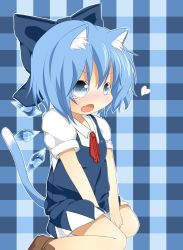 Rule 34 | 1girl, akisha, animal ears, bad id, bad pixiv id, blue eyes, blue hair, bow, cat ears, cat tail, cirno, dress, fang, hair bow, heart, highres, ice, ice wings, kemonomimi mode, matching hair/eyes, open mouth, short hair, short sleeves, solo, tail, tears, touhou, wings