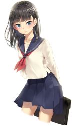 Rule 34 | 1girl, arms behind back, black hair, blue eyes, blue sailor collar, blue skirt, blush, briefcase, closed mouth, commentary request, cropped legs, funyariko, highres, holding, long hair, long sleeves, neckerchief, original, pleated skirt, red neckerchief, sailor collar, school briefcase, school uniform, serafuku, shirt, simple background, skirt, solo, white background, white shirt