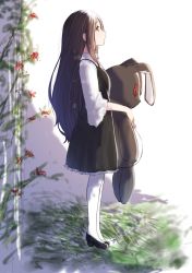 Rule 34 | 1girl, black dress, black footwear, brown hair, collared shirt, commentary request, dress, flower, frilled dress, frills, high heels, highres, long hair, long sleeves, hugging object, original, oversized object, pantyhose, parted lips, profile, red eyes, red flower, shirt, shoes, sleeveless, sleeveless dress, solo, standing, stuffed animal, stuffed rabbit, stuffed toy, very long hair, white pantyhose, white shirt, wide sleeves, yuki arare