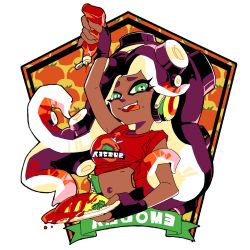 Rule 34 | 1girl, :p, arm up, black gloves, bottle, bright pupils, cephalopod eyes, commentary, dark-skinned female, dark skin, fangs, fingerless gloves, food, gloves, gradient hair, green eyes, half-closed eyes, headphones, highres, holding, holding bottle, holding plate, inkling (language), katsu noha, ketchup, ketchup bottle, long hair, looking at viewer, marina (splatoon), midriff, mole, mole under mouth, multicolored hair, navel, nintendo, octoling, omelet, omurice, open mouth, plate, print shirt, red hair, red shirt, shirt, short sleeves, sleeves rolled up, smile, solo, splatoon (series), splatoon 2, suction cups, t-shirt, tentacle hair, tied shirt, tomato, tongue, tongue out, upper body, white pupils