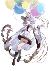 Rule 34 | 1girl, aco gbfg, animal ears, balloon, black socks, bow, bowtie, crop top, fake animal ears, floating clothes, full body, granblue fantasy, grey hair, hands up, highres, holding, holding balloon, kneehighs, loafers, looking at viewer, midriff, mouse ears, petticoat, pleated skirt, red bow, red bowtie, shoes, short hair, simple background, skirt, socks, solo, thigh strap, vikala (granblue fantasy), white background, white skirt, wide sleeves