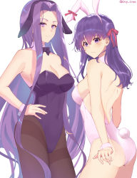 Rule 34 | 2girls, absurdres, animal ears, ass, bad id, bad pixiv id, blush, breasts, capelet, chip le cree, cleavage, contrapposto, covered erect nipples, fake animal ears, fate/stay night, fate (series), hair between eyes, hand on own hip, highres, large breasts, leotard, long hair, looking at viewer, matou sakura, medium breasts, medusa (fate), medusa (rider) (fate), multiple girls, pantyhose, playboy bunny, purple eyes, purple hair, rabbit ears, red ribbon, ribbon, square pupils, thighband pantyhose, very long hair, white background