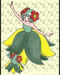 Rule 34 | 1girl, bellossom, blush stickers, chikorita85, collarbone, creature, creatures (company), dancing, dress, floral background, floral print, game freak, gen 2 pokemon, green dress, green eyes, green hair, green theme, looking at viewer, moemon, nintendo, outstretched arms, personification, pokemon, pokemon (creature), short hair, traditional media, yellow background