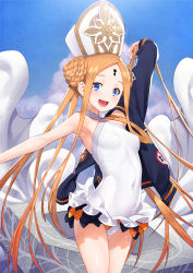 Rule 34 | 1girl, abigail williams (fate), abigail williams (swimsuit foreigner) (fate), abigail williams (swimsuit foreigner) (second ascension) (fate), absurdres, arm up, bare shoulders, black bow, blonde hair, blue eyes, bow, braid, braided bun, breasts, covered navel, double bun, dress swimsuit, fate/grand order, fate (series), forehead, frilled swimsuit, frills, hair bun, hat, highres, kazuma muramasa, keyhole, long hair, looking at viewer, mitre, multiple bows, one-piece swimsuit, open mouth, orange bow, parted bangs, sidelocks, small breasts, smile, solo, swimsuit, thighs, twintails, very long hair, white hat, white one-piece swimsuit