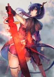 Rule 34 | 1girl, arknights, black gloves, blue hair, ch&#039;en (arknights), dragon horns, dragon tail, from behind, gloves, glowing, glowing sword, glowing weapon, highres, hood, hooded jacket, horns, jacket, looking back, ohako (ohako1818), red eyes, sheath, shorts, solo, sword, tail, weapon
