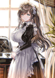 Rule 34 | 1girl, apron, aqua eyes, black dress, black hair, blush, breasts, closed mouth, commentary request, dress, frills, from side, highres, large breasts, long hair, long sleeves, looking at viewer, looking to the side, maid headdress, original, plant, ran&#039;ou (tamago no kimi), smile, solo, standing, white apron, white headwear