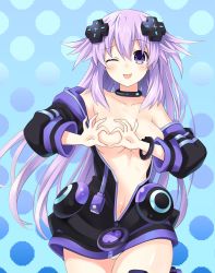 Rule 34 | 1girl, :p, adult neptune, bad id, bad twitter id, bare shoulders, blush, breasts, cleavage, collarbone, cowboy shot, d-pad, fingerless gloves, gloves, hair ornament, hairclip, heart, heart-shaped boob challenge, heart hands, highres, hood, hooded jacket, hooded track jacket, hoodie, jacket, long hair, looking at viewer, medium breasts, midriff, multiple girls, navel, neptune (series), no bra, one eye closed, open clothes, open jacket, open mouth, pointing, pointing at viewer, purple eyes, purple hair, shin jigen game neptune vii, shiny clothes, shiny skin, short hair, smile, solo, stomach, thighhighs, tongue, tongue out, track jacket, twintails, zero (ray 0805)