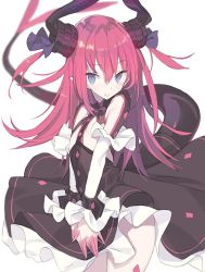 Rule 34 | 10s, 1girl, black dress, black ribbon, blade (galaxist), blue eyes, blurry, blurry background, blush, commentary request, curled horns, depth of field, detached sleeves, dragon girl, dragon horns, dragon tail, dress, elizabeth bathory (fate), elizabeth bathory (fate/extra ccc), elizabeth bathory (first ascension) (fate), fate/extra, fate/extra ccc, fate (series), hair between eyes, hair ribbon, horns, long hair, long sleeves, looking at viewer, parted lips, pink hair, ribbon, simple background, solo, tail, two side up, very long hair, white background