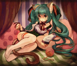 Rule 34 | 1girl, ahoge, animal ears, arm support, cat ears, cat tail, detached sleeves, green eyes, green hair, hatsune miku, long hair, matching hair/eyes, solo, striped, striped background, tail, thighhighs, twintails, vertical stripes, very long hair, vocaloid, yarn, yarn ball, yukimochi