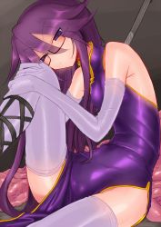 Rule 34 | 1girl, bare shoulders, breasts, china dress, chinese clothes, dress, elbow gloves, glasses, gloves, halterneck, highres, hugging own legs, kyuusui gakari, long hair, looking at viewer, original, pelvic curtain, purple eyes, purple hair, side slit, sitting, small breasts, solo, thighhighs