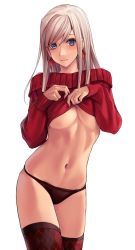 Rule 34 | 1girl, alternate costume, alternate hairstyle, applekun, black panties, blue eyes, breasts, clothes lift, earrings, fate/grand order, fate (series), hair down, highres, jewelry, large breasts, leaf print, lifted by self, long sleeves, looking at viewer, miyamoto musashi (fate), off-shoulder sweater, off shoulder, panties, pink hair, plaid, plaid legwear, simple background, smile, solo, sweater, sweater lift, underboob, underwear, white background