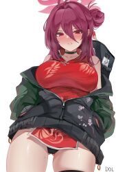 Rule 34 | 1girl, absurdres, antenna hair, black choker, black panties, blue archive, blush, breasts, cameltoe, china dress, chinese clothes, choker, collarbone, dolechan, dress, gluteal fold, hair bun, halo, hands in pockets, highres, jacket, large breasts, letterman jacket, mole, mole on collarbone, mole on thigh, mole under eye, nose blush, panties, partially unzipped, pelvic curtain, red eyes, red hair, reijo (blue archive), simple background, single side bun, solo, underwear, white background