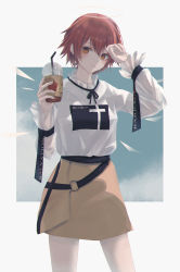 Rule 34 | 1girl, 7ife, absurdres, arknights, blush, brown eyes, brown skirt, closed mouth, commentary request, cowboy shot, detached wings, drink, drinking straw, expressionless, exusiai (arknights), hair between eyes, halo, highres, holding, holding drinking straw, looking at viewer, red hair, shirt, short hair, skirt, solo, white shirt, wings