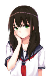Rule 34 | 1girl, arms at sides, black hair, blush, brown hair, closed mouth, collarbone, green eyes, hand on own cheek, hand on own face, highres, itachi kanade, long hair, looking at viewer, neckerchief, original, raised eyebrow, red neckerchief, school uniform, serafuku, short sleeves, simple background, solo, upper body, white background