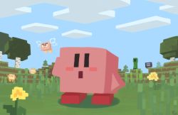 Rule 34 | blue sky, blush stickers, bomber (kirby), bronto burt, cloud, cloudy sky, colored skin, creeper, day, closed eyes, flower, flying, grass, highres, kirby, kirby (series), meadow, minecraft, nature, nintendo, no humans, open mouth, outdoors, pink skin, shadow, signature, sky, solo focus, standing, super smash bros., suyasuyabi, tree, waddle dee, walking, yellow flower