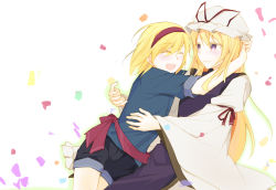 Rule 34 | 2girls, alice margatroid, alternate costume, arms up, belt, black shorts, blonde hair, blue shirt, blush, bow, breasts, closed eyes, closed mouth, commentary request, confetti, dress, eyes visible through hair, faech, hair between eyes, hairband, hands on another&#039;s head, hands up, hat, hat bow, highres, hug, juliet sleeves, long hair, long sleeves, looking at another, medium breasts, mob cap, multiple girls, open mouth, puffy sleeves, purple eyes, purple vest, red belt, red bow, red hairband, red ribbon, ribbon, ribbon-trimmed sleeves, ribbon trim, shirt, short hair, short sleeves, shorts, simple background, sitting, standing, tabard, teeth, tongue, touhou, vest, white background, white dress, white headwear, wide sleeves, yakumo yukari, yuri