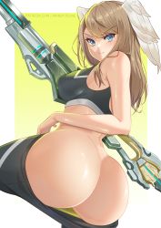 Rule 34 | 1girl, absurdres, ass, blonde hair, butt crack, clothes pull, eunie (xenoblade), gun, head wings, highres, huge ass, looking back, mandytsune, no panties, pants, pants pull, simple background, sports bra, weapon, wings, xenoblade chronicles (series), xenoblade chronicles 3