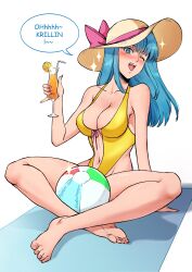 Rule 34 | 1girl, absurdres, ball, barefoot, beachball, blue eyes, blue hair, blush, breasts, cleavage, cup, dragon ball, dragonball z, drinking glass, drinking straw, drunk, feet, female focus, food, fruit, full body, hat, highres, holding, holding cup, hydedrogen, long hair, looking at viewer, maron (dragon ball), matching hair/eyes, medium breasts, nail polish, navel, one-piece swimsuit, one eye closed, orange (fruit), orange slice, patreon username, solo, speech bubble, sun hat, swimsuit, toes, watermark, web address, wink
