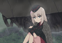 Rule 34 | 1girl, absurdres, black headwear, black jacket, blue eyes, closed mouth, commentary, day, dress shirt, garrison cap, girls und panzer, grass, hat, highres, hugging own legs, insignia, itsumi erika, jacket, jacket on shoulders, kimi tsuru, kuromorimine military uniform, long hair, long sleeves, looking at viewer, medium hair, military, military hat, military uniform, military vehicle, miniskirt, motor vehicle, outdoors, pleated skirt, rain, red shirt, red skirt, shirt, silver hair, sitting, skirt, tank, uniform, wing collar