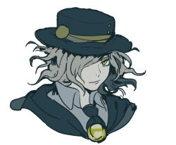 Rule 34 | 1boy, black coat, black hat, black necktie, closed mouth, coat, collared shirt, edmond dantes (fate), fate/grand order, fate (series), grey hair, grey shirt, hair over one eye, hat, idk-kun, looking at viewer, male focus, necktie, one eye covered, portrait, shirt, simple background, solo, white background, wing collar, yellow eyes
