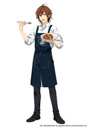 Rule 34 | 1boy, ahoge, amagase touma, apron, black pants, brown hair, collared shirt, commentary, copyright name, curry, english commentary, fingernails, food, full body, hair between eyes, holding, holding plate, holding spoon, idolmaster, idolmaster side-m, male focus, official art, open mouth, pants, plate, shirt, shoes, smile, solo, spoon, teeth, upper teeth only, white background