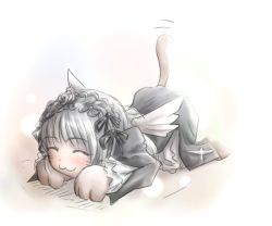 Rule 34 | 00s, 1girl, :3, all fours, animal hands, blush, cat paws, cat tail, gothic lolita, lolita fashion, rozen maiden, silver hair, solo, suigintou, tail