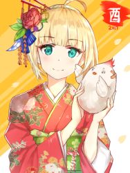 Rule 34 | 1girl, 2017, ahoge, alternate costume, aqua eyes, artoria pendragon (all), artoria pendragon (fate), bandaid, bird, blonde hair, chicken, chinese zodiac, fate/stay night, fate (series), floral print, flower, furisode, hair flower, hair ornament, holding, japanese clothes, kimono, long sleeves, looking at viewer, nengajou, new year, obi, petals, saber (fate), sash, short hair, smile, solo, upper body, wide sleeves, year of the rooster, z shichao