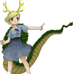 Rule 34 | 1girl, blonde hair, blue shirt, blush stickers, closed mouth, dragon horns, dragon tail, grey skirt, horns, kicchou yachie, non-web source, official art, shirt, short hair, skirt, smile, socks, solo, tail, touhou, transparent background, turtle shell, unfinished dream of all living ghost, white socks, yellow eyes, yellow horns, zun (artist)