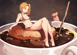 Rule 34 | 1girl, afloat, asymmetrical hair, barefoot, blonde hair, breasts, coffee, cup, doughnut, ear piercing, floating, food, full body, groin, in container, in cup, light smile, mini person, minigirl, navel, orange eyes, original, piercing, short hair, smile, solo, strap gap, toes, underboob, vins-mousseux
