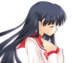 Rule 34 | 00s, 1girl, black hair, closed eyes, floating hair, hands on own chest, kusakabe yuuki (to heart 2), profile, school uniform, serafuku, simple background, solo, to heart (series), to heart 2