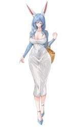 Rule 34 | 1girl, ;), absurdres, animal ear fluff, animal ears, blue hair, blue jacket, braid, breasts, carrot, cleavage, condom box, covered navel, dongtan dress, dress, full body, hair over shoulder, highres, hololive, huge breasts, jacket, mature female, meme attire, multicolored hair, one eye closed, pekomama, rabbit ears, scoop neck, simple background, smile, solo, taut clothes, taut dress, two-tone hair, vanko (vank0a), virtual youtuber, white background, white dress, white hair