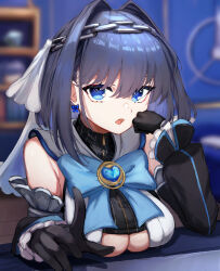 Rule 34 | 1girl, absurdres, arm rest, black gloves, black sleeves, black tube top, blue bow, blue eyes, blue hair, bow, bow earrings, breasts, brooch, chain, chain headband, cleavage cutout, clothing cutout, detached sleeves, earrings, gloves, head chain, heart, heart brooch, highres, hololive, hololive english, jewelry, large breasts, looking at viewer, medium hair, open mouth, ouro kronii, ouro kronii (1st costume), psypolo d, shirt, single earring, solo, strapless, tube top, virtual youtuber, white shirt