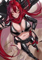 Rule 34 | 1girl, absurdres, anti-materiel rifle, between breasts, black footwear, black gloves, black jacket, black pants, blush, boots, breasts, bullpup, cleavage, commentary, cropped jacket, dated, fingerless gloves, full body, gloves, goddess of victory: nikke, gun, hair between eyes, hand on own hip, highres, hip vent, holding, holding gun, holding weapon, holster, horns, jacket, large breasts, leather, leather jacket, leather pants, long hair, long sleeves, looking at viewer, mechanical horns, navel, over shoulder, pants, red hair, red hood (nikke), red scarf, rifle, scarf, shadow, shiki (love-saber), sidelocks, signature, smirk, sniper rifle, solo, standing, stomach, strap between breasts, suspenders, thigh holster, unzipped, very long hair, weapon, weapon over shoulder, yellow eyes