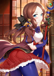 Rule 34 | 1girl, bird, black bow, blue eyes, blue gloves, blue pantyhose, blush, bow, breasts, brown dress, brown hair, closed mouth, dress, elbow gloves, fate/grand order, fate (series), forehead, gauntlets, gloves, hair bow, highres, holding, holding staff, leonardo da vinci (fate), leonardo da vinci (fate/grand order), leonardo da vinci (rider) (fate), long hair, looking at viewer, m-da s-tarou, non-humanoid robot, pantyhose, parted bangs, ponytail, puff and slash sleeves, puffy short sleeves, puffy sleeves, red skirt, robot, robot animal, short sleeves, single gauntlet, skirt, small breasts, smile, staff, thighs