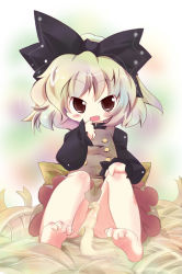 Rule 34 | 1girl, barefoot, black eyes, blush stickers, bow, buttons, child, dress, fang, feet, female focus, foot focus, gradient background, grey hair, hair bow, kurodani yamame, muuba, no panties, open mouth, short hair, silk, sitting, solo, spider web, toes, touhou, upskirt