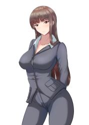 Rule 34 | 1girl, bluevery king, brown eyes, brown hair, dress shirt, formal, girls und panzer, highres, jacket, long hair, looking at viewer, mature female, nishizumi shiho, pant suit, pants, shirt, solo, suit, white background