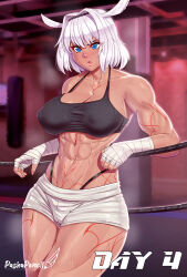 Rule 34 | 1girl, abs, animal ears, arm tattoo, artist logo, artist name, bare shoulders, black sports bra, blue eyes, blurry, blurry background, body markings, boxing ring, breasts, caenis (fate), chest tattoo, cleavage, collarbone, covered erect nipples, dark-skinned female, dark skin, fate/grand order, fate (series), hair between eyes, hair intakes, highres, large breasts, leaning on object, leg tattoo, looking at viewer, muscular, muscular female, navel, pashapencil, pubic tattoo, shirt, short hair, short shorts, shorts, solo, sports bra, steaming body, stomach, sweat, tattoo, taut clothes, taut shirt, thick thighs, thighs, white hair, white shorts, wrist wrap