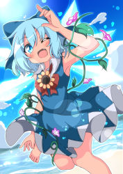 Rule 34 | 1girl, ;d, armpits, barefoot, beach, blue bow, blue dress, blue eyes, blue hair, bow, circle skirt, cirno, day, do (4-rt), dress, fang, flower, hair bow, hidden star in four seasons, highres, ice, ice wings, morning glory, ocean, one eye closed, open mouth, red ribbon, ribbon, short hair, sleeveless, sleeveless dress, smile, solo, sunflower, tan, tanned cirno, touhou, wings